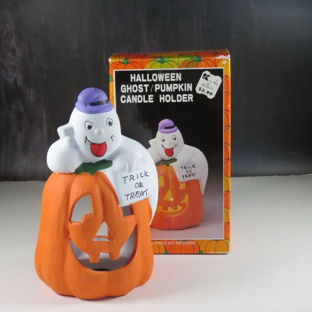 Ceramic Ghost Pumpkin Halloween Tea Light Candle Holder Statue 7” Kmart Vintage
